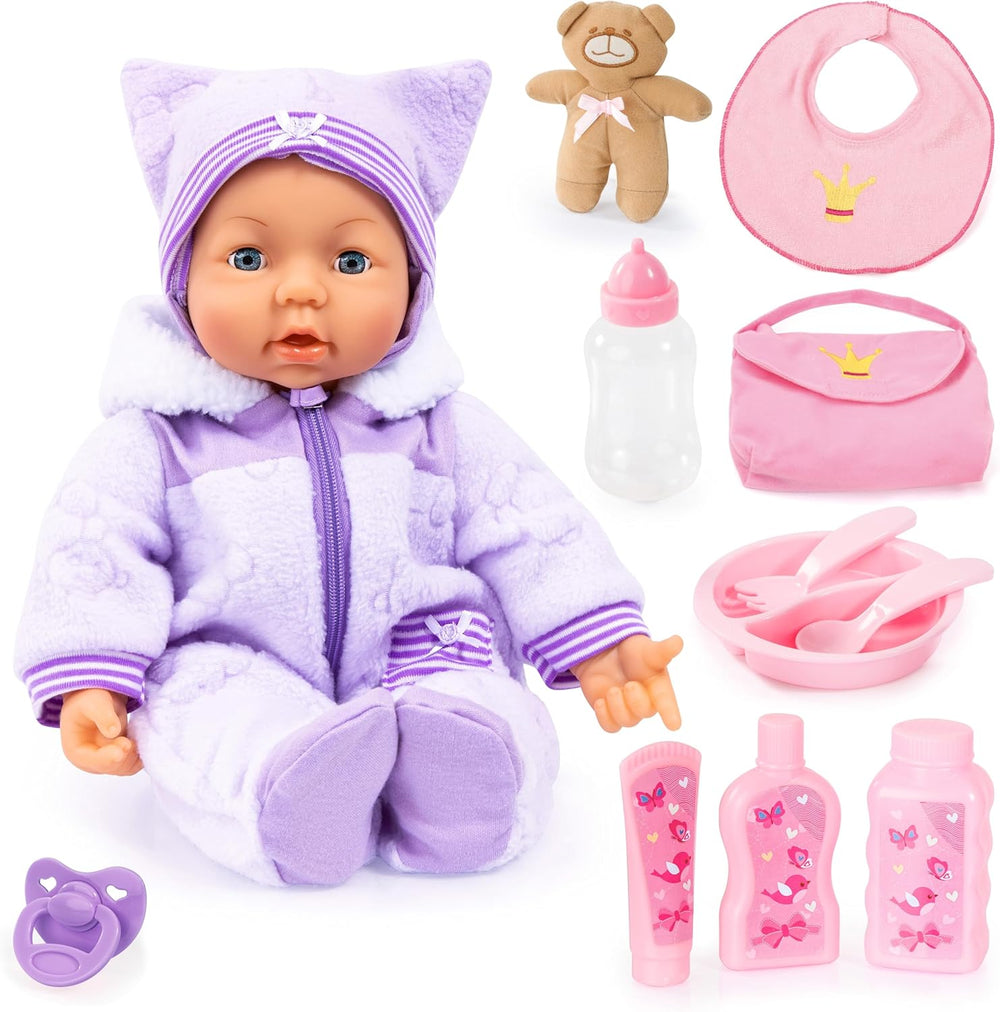 Bayer Design 94694AG 94694AA, Păpușă funcțională, Păpușă interactivă Piccolina Magic Eyes, mișcă gura, clipește și închide ochii, vorbitoare, violet, 46 cm