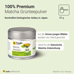 Raab Vitalfood® Pudră Matcha Premium Bio (30 g) - Original din Japonia, pudră Matcha pură fără aditivi, măcinată fin, gust fin-amar, pudră de ceai verde, vegan, ceremonie de ceai