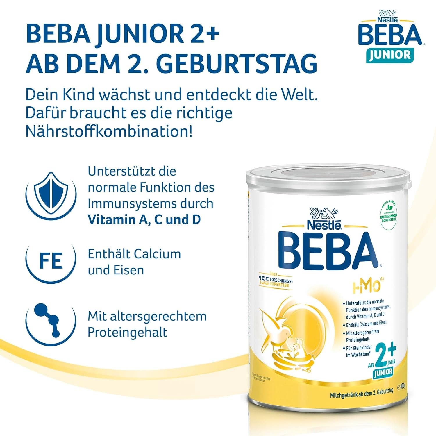 BEBA Junior 2+ 2. narozeninový mléčný nápoj, HMO 2'-FL dětská výživa, pouze laktóza, bez palmového oleje, balení 6 (6 x 800 g) Mother and Baby Naty Shop