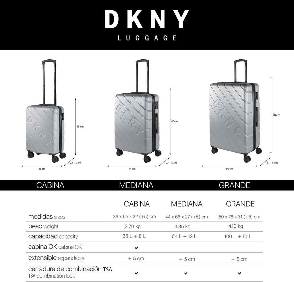 DKNY - Valiză mare cu 4 roți valiză mare ușoară - Valiză de călătorie cu roți mare. Valiză de călătorie mare pentru avioane Valiză hard shell cu închidere certificată - Valiză troler mare, argintie Bagaje și echipament de călătorie Naty Shop