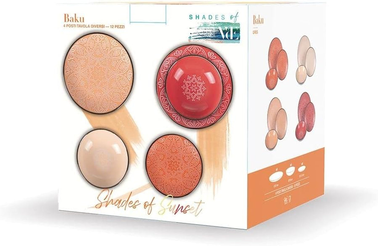 Set de veselă din gresie, format din 12 piese, 4 seturi de farfurii în 4 modele diferite, Baku Sunset