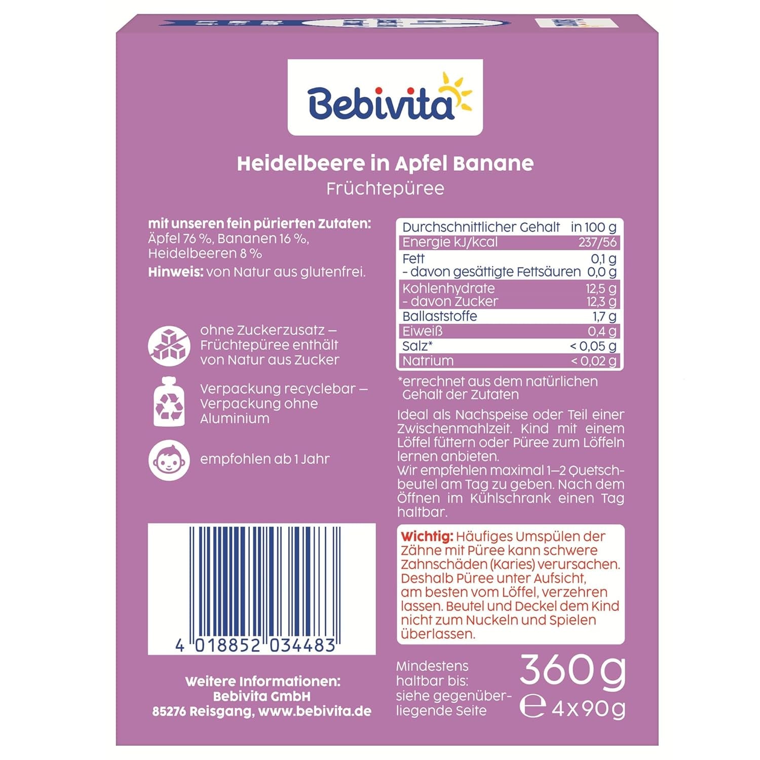 Sáčky s borůvkami, jablky a banány - 16 (4 balení, každá 4 x 90 g), bez přidaného cukru, bez lepku, ideální pro s sebou a svačiny na cestách