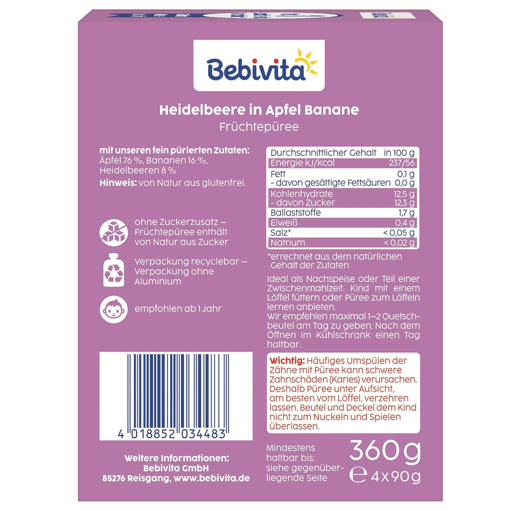 Sáčky s borůvkami, jablky a banány - 16 (4 balení, každá 4 x 90 g), bez přidaného cukru, bez lepku, ideální pro s sebou a svačiny na cestách