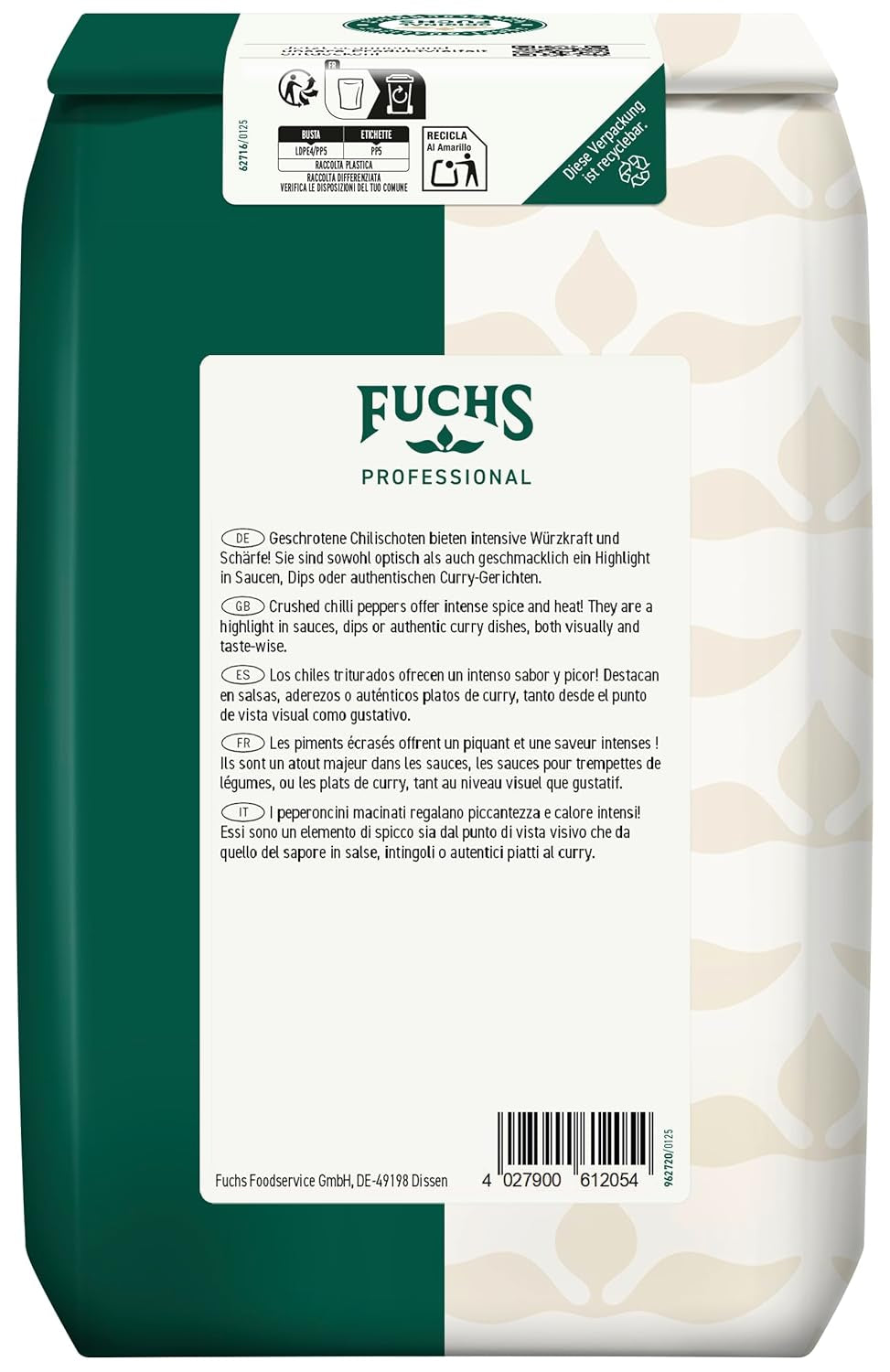 Fuchs Professional - Chilis geschoten | Verleiht Chili con Carne die richtige Schärfe | Profi-Qualität für Großverbraucher | 0,7 kg v recyklovatelné tašce