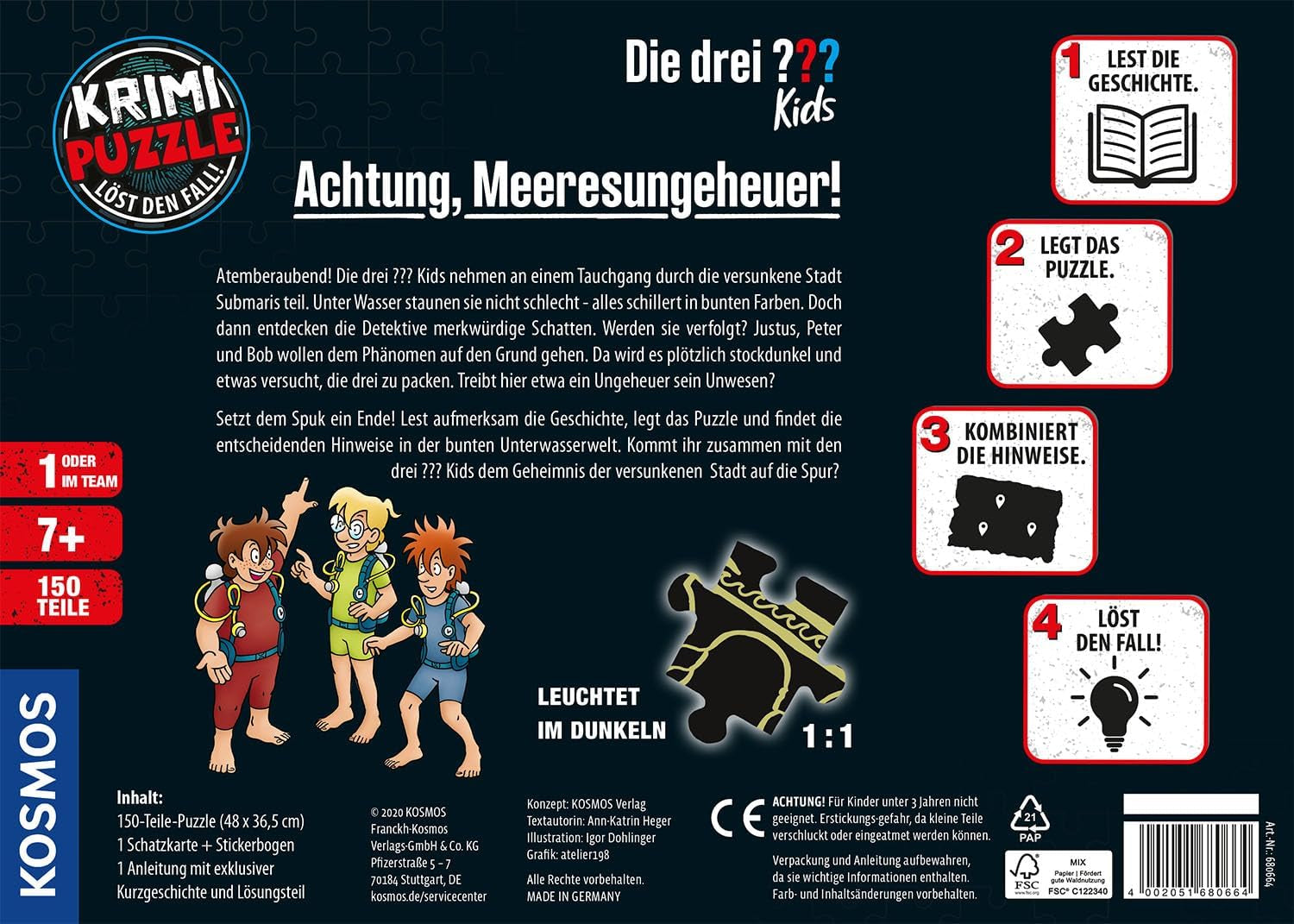 Die Drei ??? Kids - Crime puzzle - Atenție, monstru marin De la KOSMOS 680664, 150 piese, Strălucește în întuneric, Lectură, puzzle-uri, rezolvarea puzzle-urilor, puzzle detectiv pentru copii cu vârsta de peste 7 ani Puzzle Naty Shop