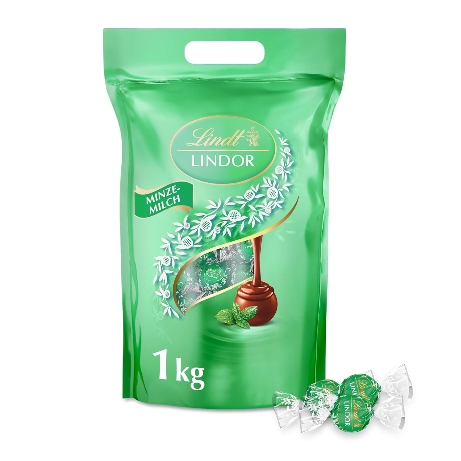 Lindt LINDOR Čokoláda s pistáciemi | 1 kg uzavíratelný sáček | cca. 80 mléčných čokoládových kuliček s pistáciovou krémovou náplní rozplývající se v ústech | Velké balení, pralinkový dárek