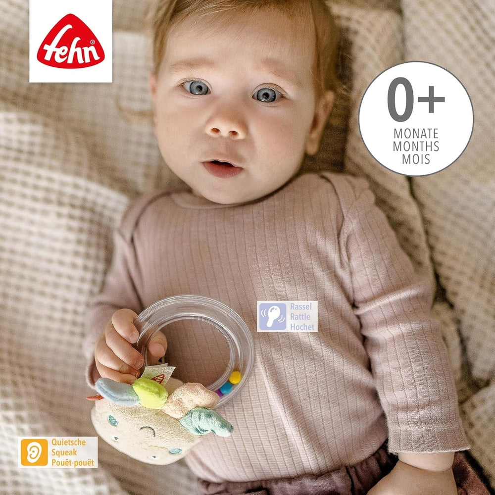 Fehn clopoțel inel de jucărie caracatiță - jucărie de abilități motorii pentru zăngănit, scârțâit, simțit - jucărie de pluș pentru copii cu țesătură moale - jucărie pentru bebeluși și copii mici de la 0+ luni Jucarii Bebe Naty Shop