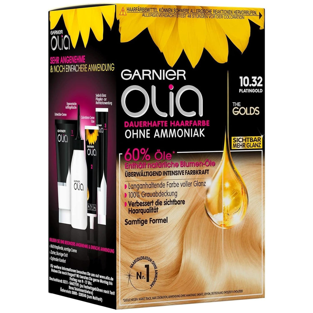 Garnier Olia Vopsea de păr permanentă fără amoniac, Vopsea de păr hrănitoare pentru acoperire 100% a părului gri, The Golds, 10.32 Platinum Gold (Blond), 3 bucăți Vopsea pentru par Naty Shop