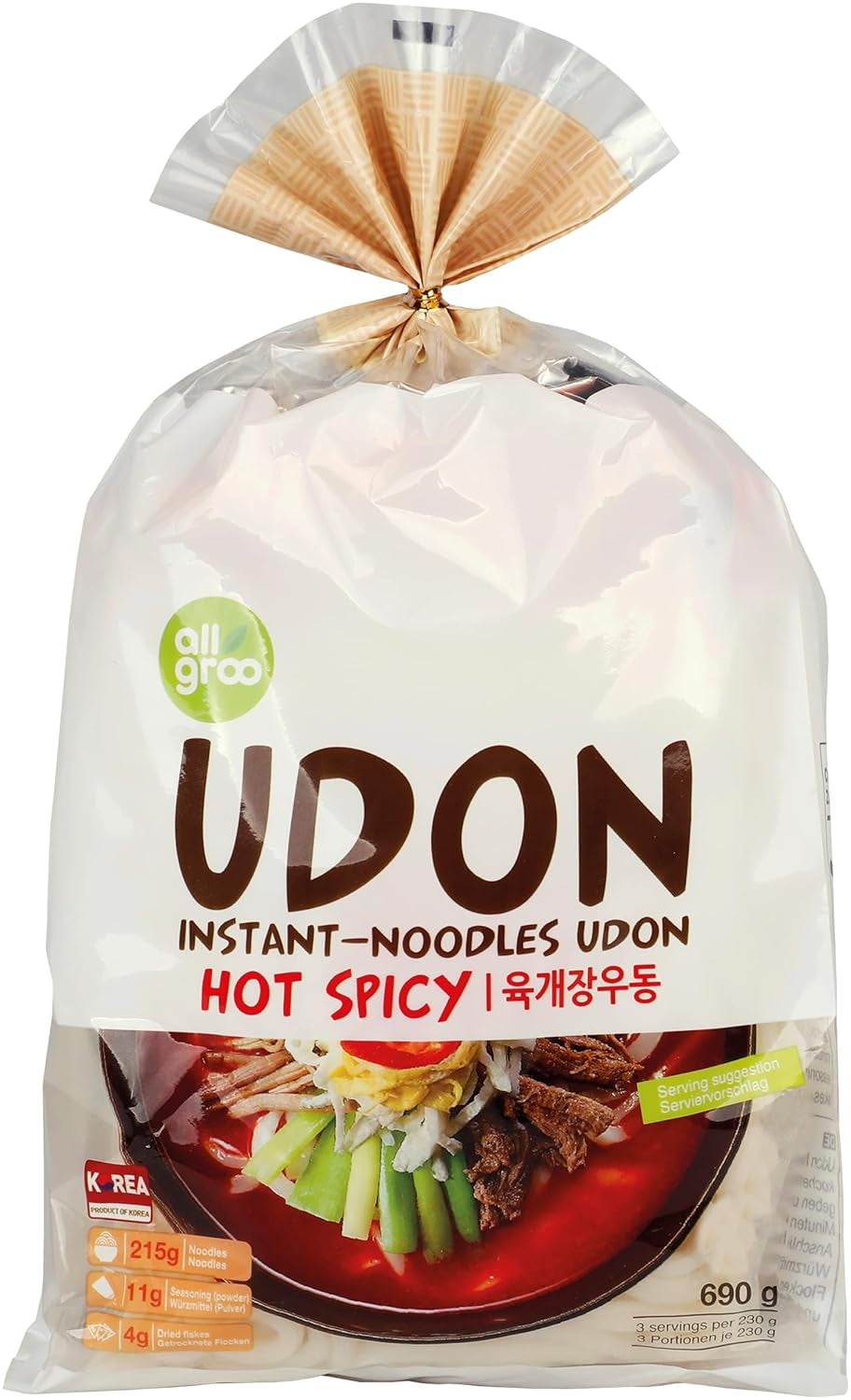 Allgroo Udon Instant Noodles - Pikantní Udon polévka, rychlá příprava - Obsahuje 3 porce - 1 x 690g