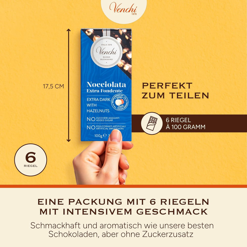 Venchi - Balení 6 kusů hořké čokolády s lískovými oříšky, 600 g - Bez přidaného cukru - Bez umělých sladidel - Bez lepku - Vegan - Tip na dárek