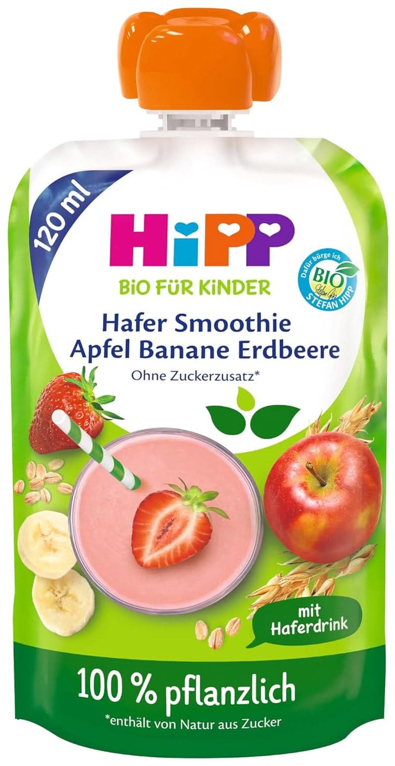 Hipp BIO Smoothie s jablky, broskvemi, banány s ovesným nápojem, 120 ml, balení 6 ks (6 x 120 ml) Matka a dítě Naty Shop 6 x 120 ml Banány, jahody