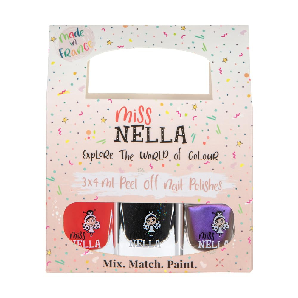 Sada 4dílných třpytivých laků na nehty Miss Nella Magic Collection: růžový, červený, zlatý a modrý, dětský speciální snímatelný lak na nehty, netoxický, na vodní bázi, bez zápachu