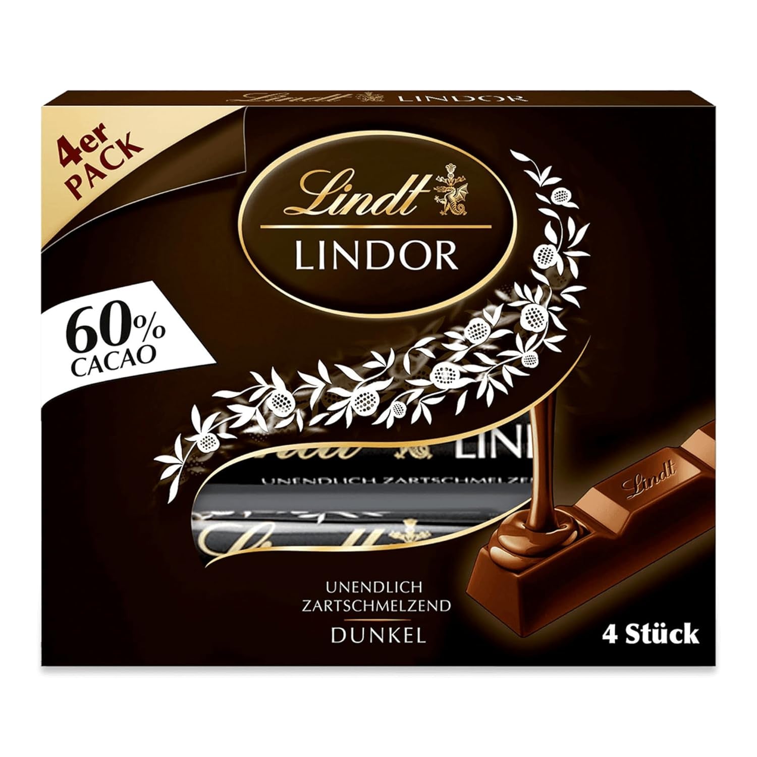 Lindt Čokoláda | Tyčinky LINDOR 60% Kakao | 100 g | 4 čokoládové tyčinky s hořkou čokoládou 60% kakaa a náplní rozplývající se v ústech | Čokoládová tyčinka