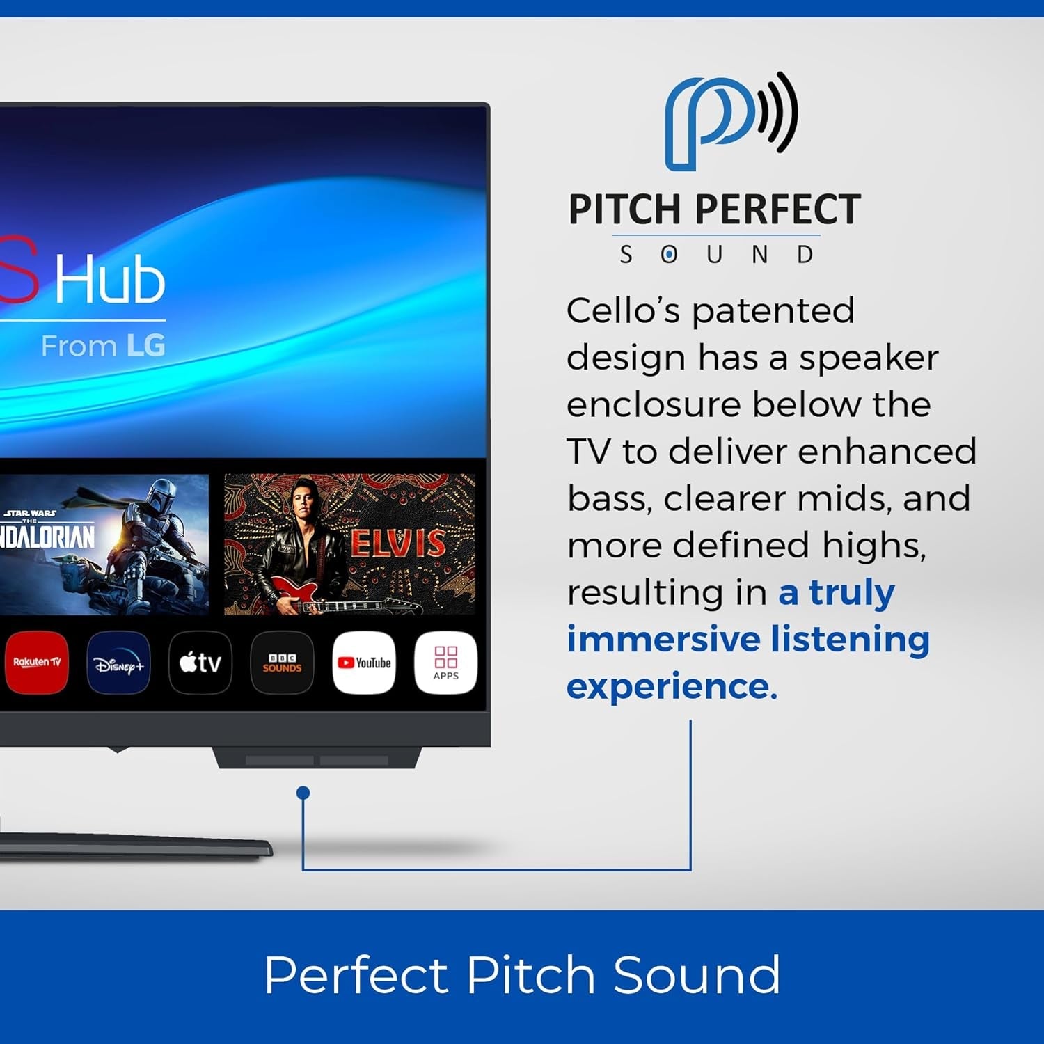 Televizor inteligent Cello C2224WSH de 22 de inci, fără ramă, alimentat de la rețea, LG WebOS, Freeview Play, FreeSat, Bluetooth, difuzoare Pitch Perfect, ideal pentru bucătărie, dormitor sau camere mici