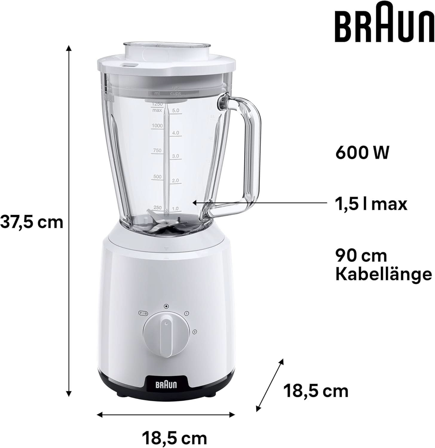 Braun Powerblend 1 JB1050WH - Stojanový mixér s 1,5 l Glas-Mixaufsatz, Küchenhelfer Zum Zerkleinern, Pürieren & Mixen, Ice-Crush-Funktion, 2 Geschwindigkeiten, 600 Watt, Weiß Kitchen Naty Shop