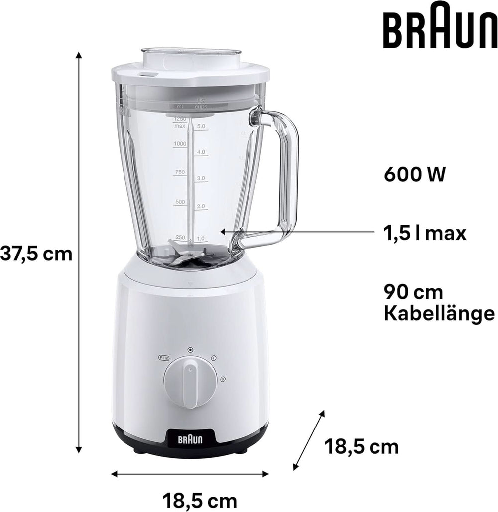 Braun Powerblend 1 JB1050WH - Stojanový mixér s 1,5 l Glas-Mixaufsatz, Küchenhelfer Zum Zerkleinern, Pürieren & Mixen, Ice-Crush-Funktion, 2 Geschwindigkeiten, 600 Watt, Weiß Kitchen Naty Shop