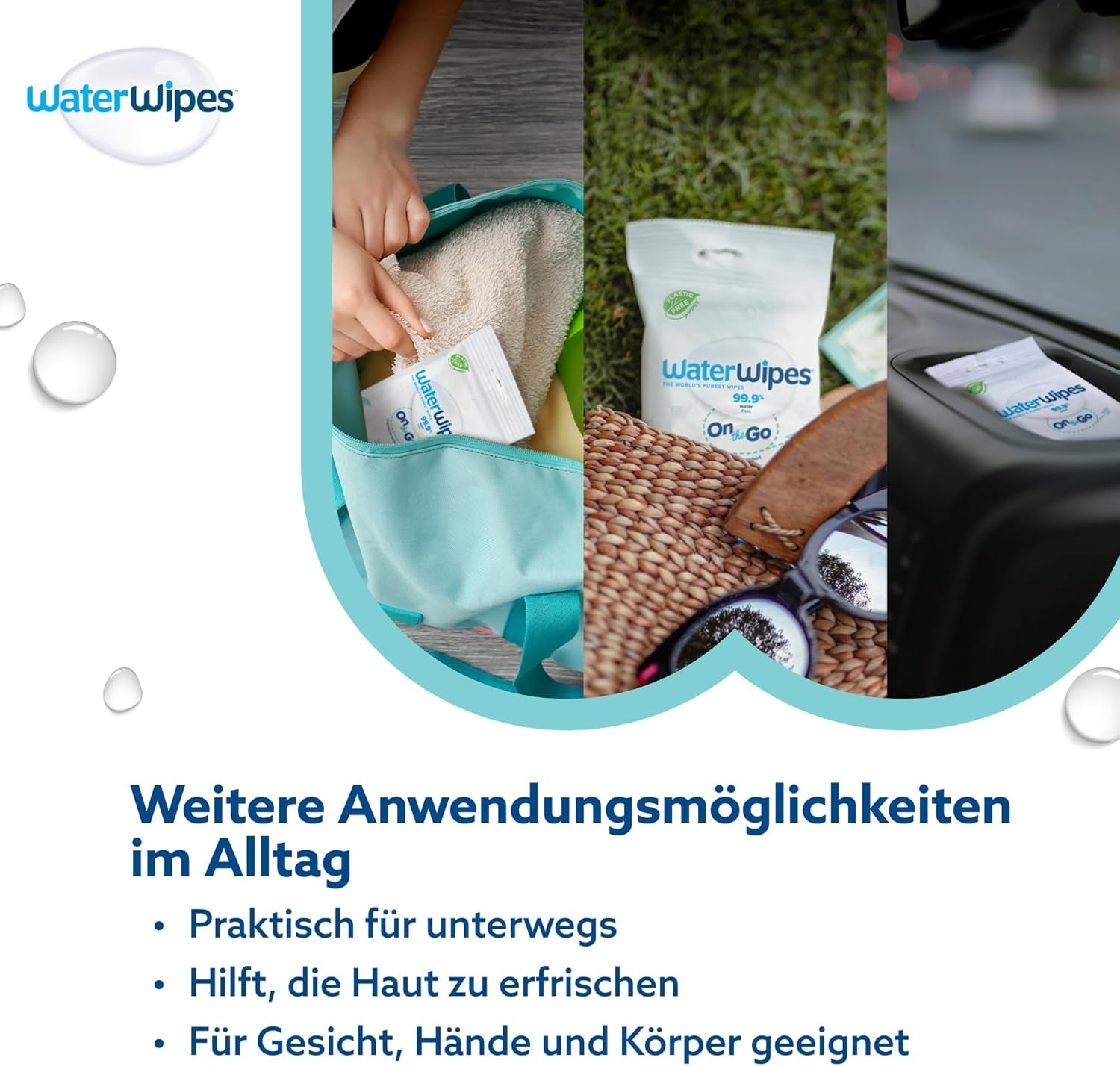 Vlhčené ubrousky WaterWipes Sensitive+ On The Go, 100 ubrousků (10 balení), 3 v 1 čistí, pečuje, chrání, 99,9 % vody, ubrousky bez parfemace
