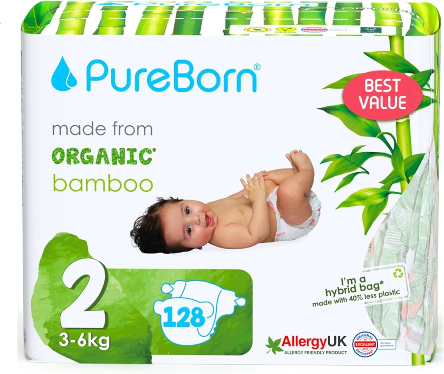 Scutece din bambus organic Pureborn Eco, marimea 2 (3-6 kg) Mama si Copilul Naty Shop Mărimea 2 (128 scutece)