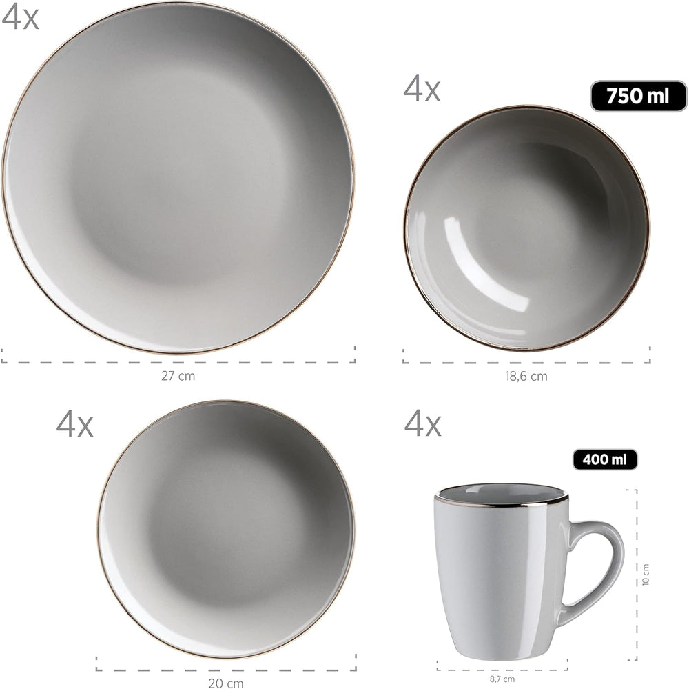 MÄSER Metallic Rim, Modernes Geschirr Set Für 4 Personen Mit Messingfarbenem Rand, 16-Teiliges Kombiservice Mit Randlosen Coupe-Formen, Steinzeug, Grau Sady nádobí Naty Shop