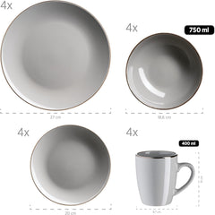 MÄSER Metallic Rim, Modernes Geschirr Set Für 4 Personen Mit Messingfarbenem Rand, 16-Teiliges Kombiservice Mit Randlosen Coupe-Formen, Steinzeug, Grau Sady nádobí Naty Shop