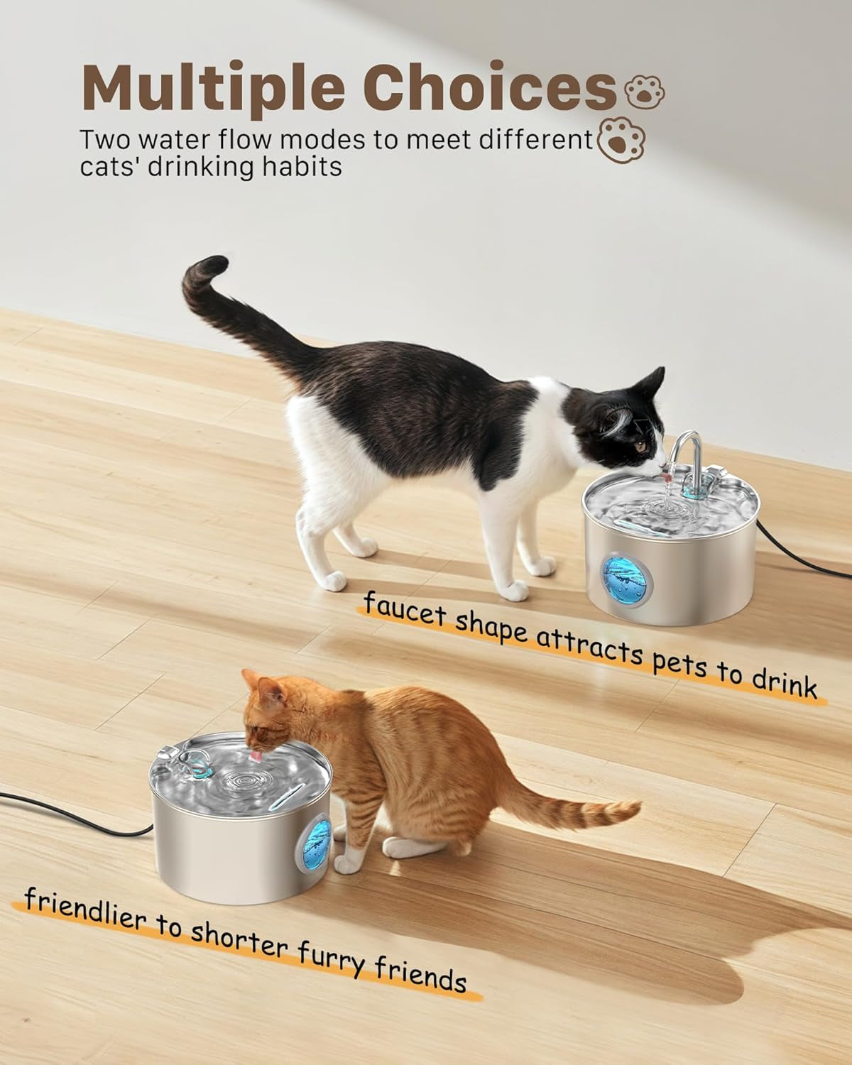 Katzenbrunnen Edelstahl Trinkbrunnen für Katze: Katzenbrunnen für Katzen - 2,2L Ultra leise Wasserbrunnen für Katzen - katzenbrunnen für Hunde mit Wasserstandsfenster - Enhtält keinen EU-Adapter