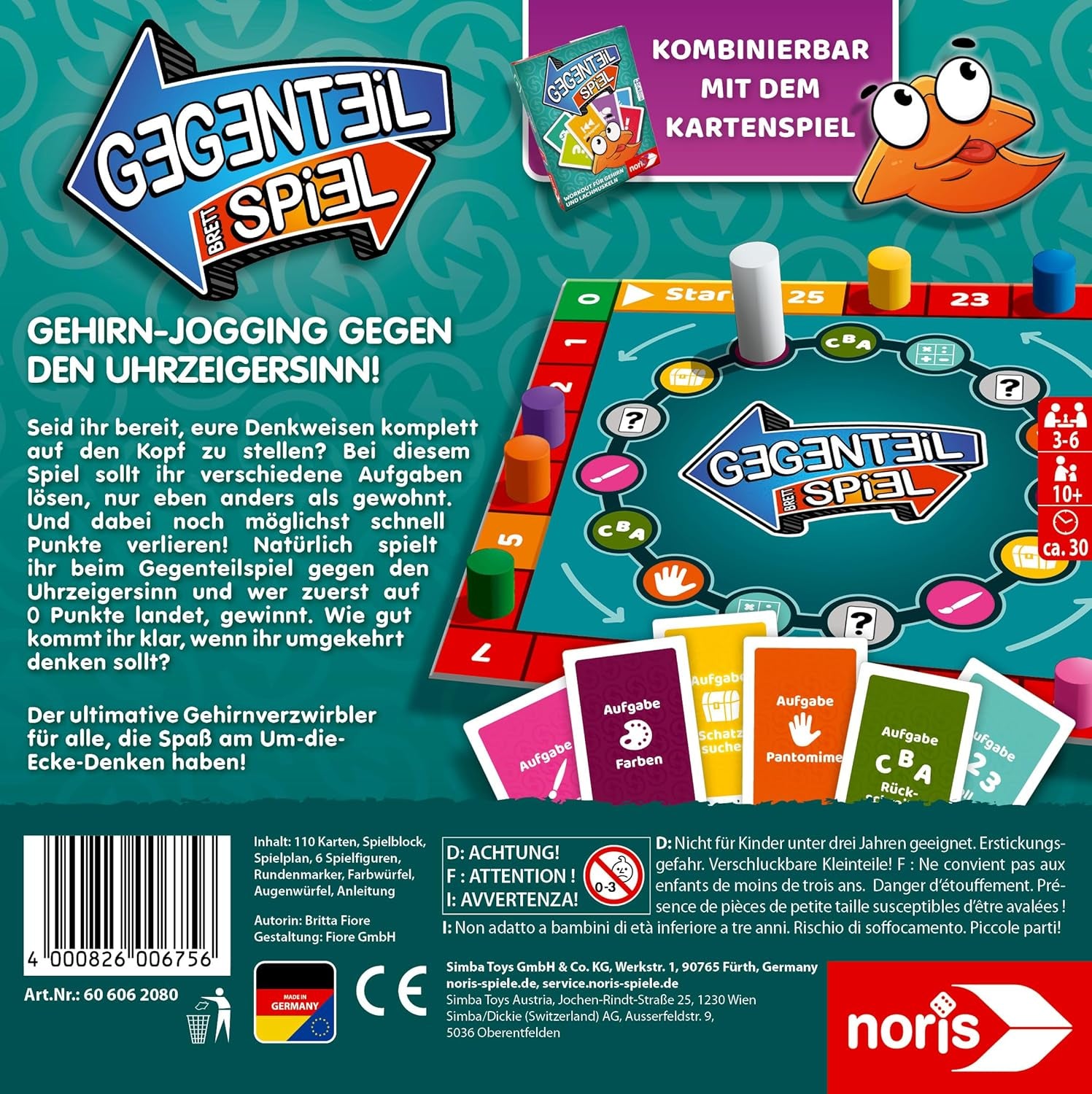 Noris 606062080 - Gegenteil Spiel (Brettspiel od 10 Jahre) - kombinierbar mit dem Kartenspiel - verrücktes Konzentrationspiel für Kinder und Erwachsene für 3-6 Spieler