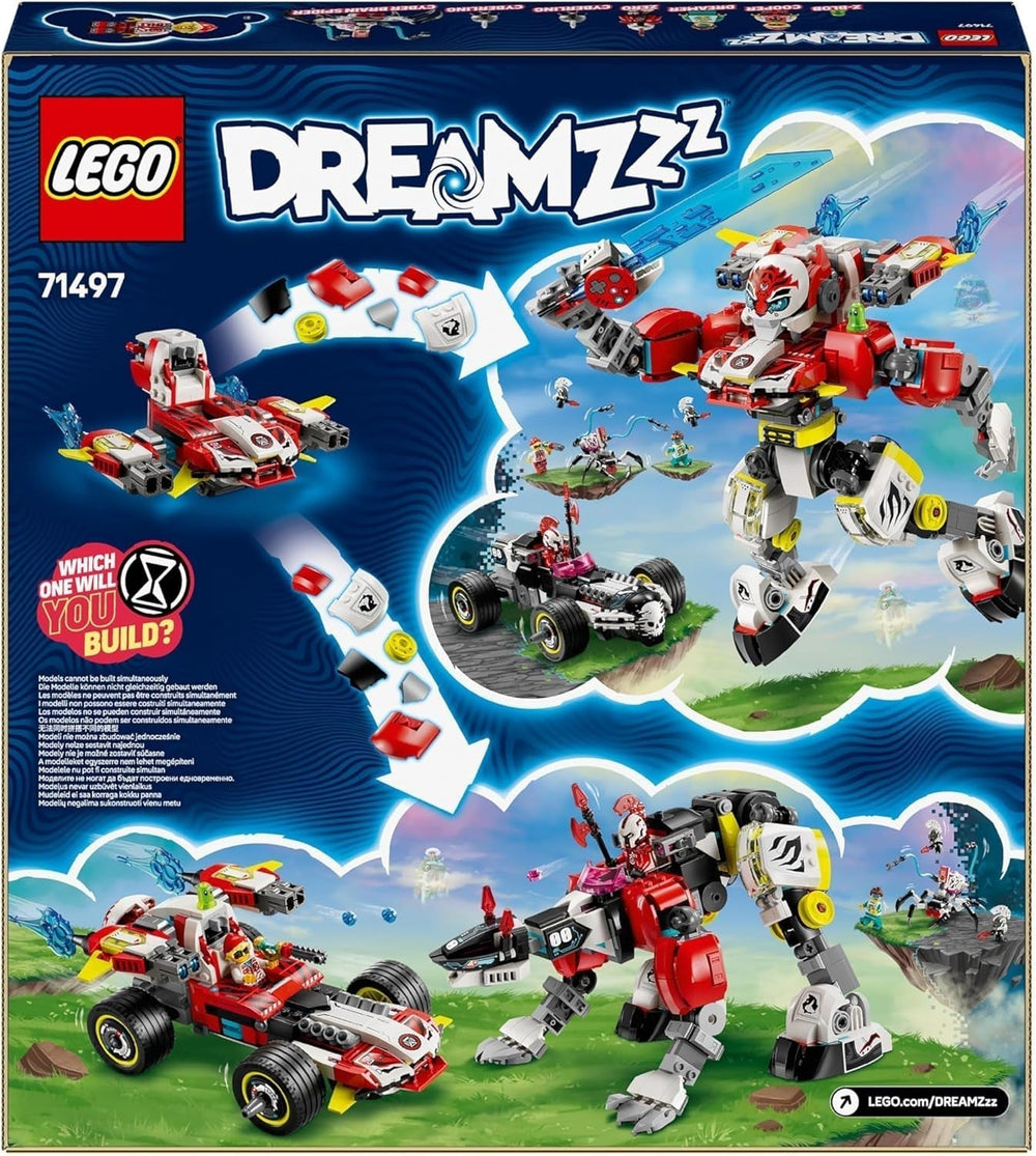 LEGO Dreamzzz Cooper's Tiger Mech a Zero'S Hot Rod Car, Autíčko pro děti, Dárek pro 9leté chlapce a dívky, Hrací sada 2 v 1 s robotem a minifigurkami 71497 Stavebnice Besuche den LEGO-Store