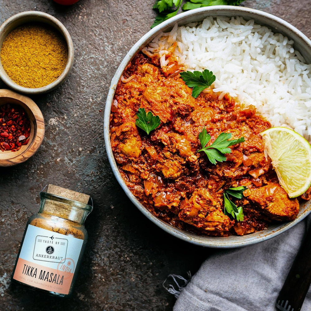 Ankerkraut Tikka Masala Gewürz Indien, 70 g im Korkenglas, Lecker Curry mit Hähnchen, Gemüse, Reis Selber Zu Hause Kochen, Kuřecí Curry Zuckerfrei v Premium Qualität