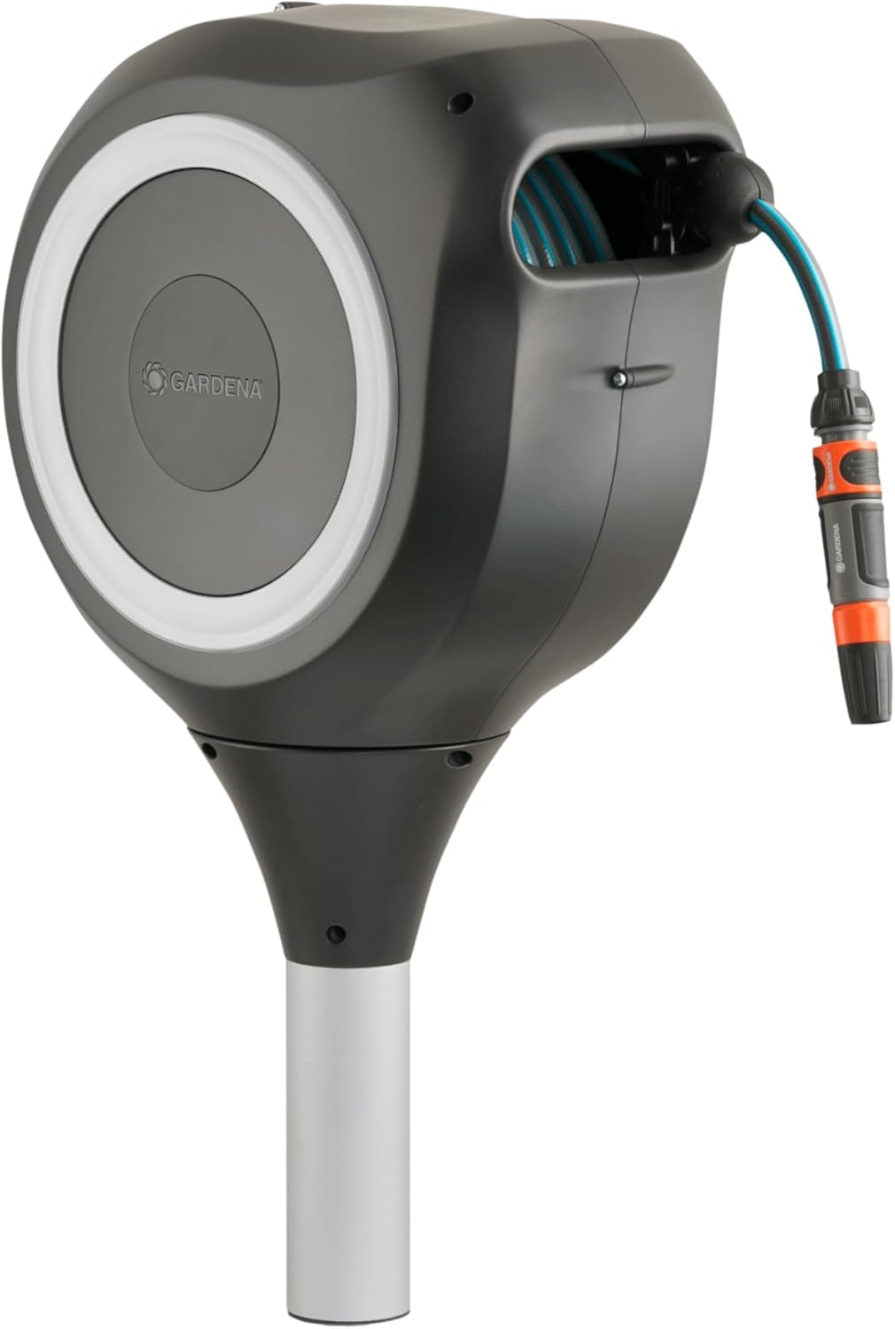 Cutie pentru furtun de grădină Gardena RollUp M (albă) 20 m: Cutie pentru furtun rotativă, ghidaj integrat pentru furtun, incl. furtun de calitate Gardena de 20 m, țăruș de sol și ajutor de montare (18616-20)