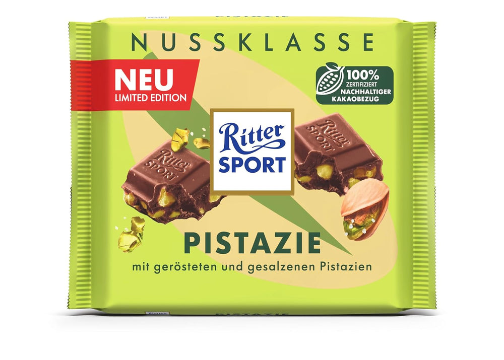Ritter Sport Pistácie, mléčná čokoláda s jemnými kousky pistácií, čokoládová klasika, perfektní na svačinu a pochutnání, skvělý nápad na dárek, 12 tyčinek x 100 g