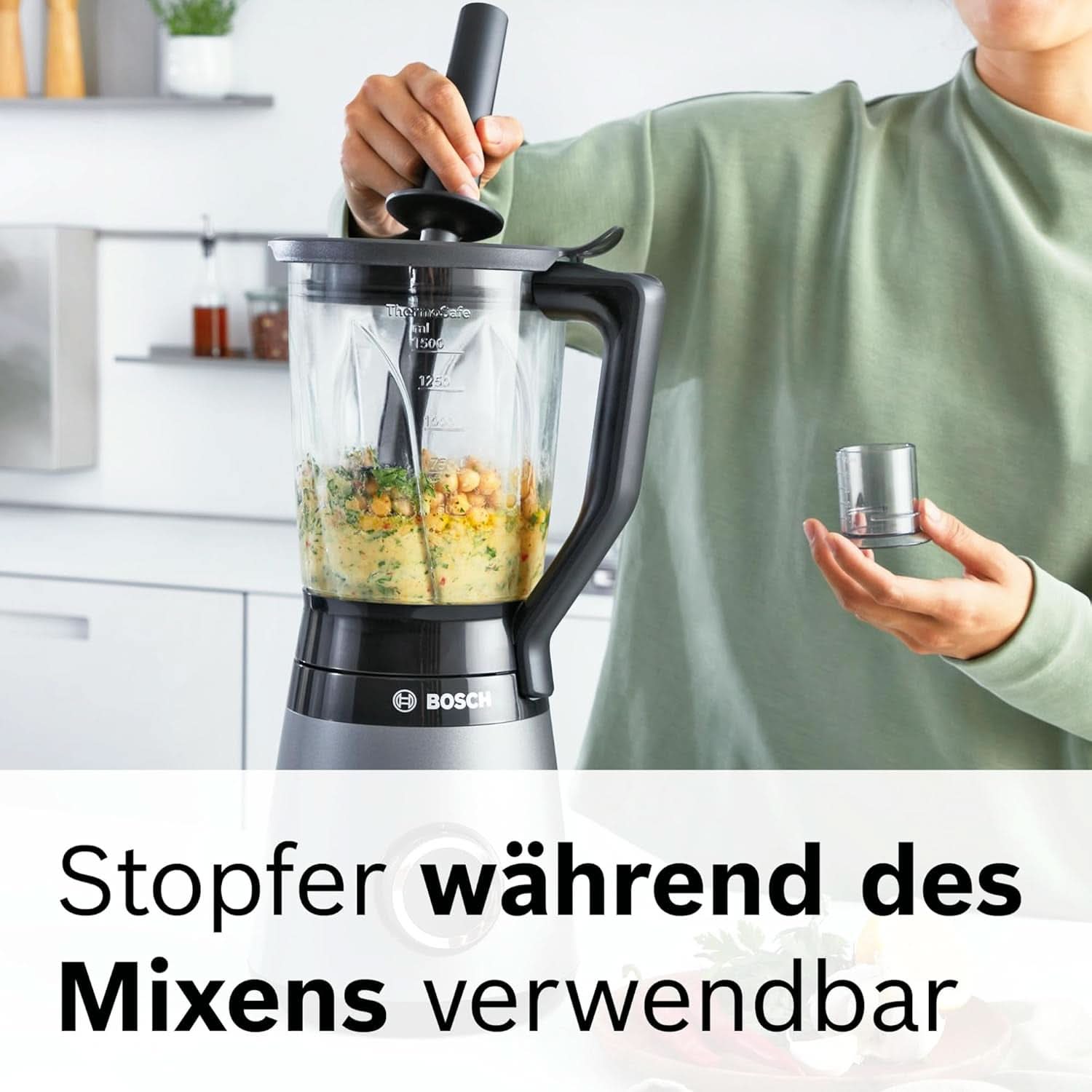 Bosch Standmixer Vitapower Serie 4 MMB6174SN, Verbesserte Version, Hochwertige Edelstahl-Klingen, 1,5L Glasbehälter, 0,6L To-Go-Flasche, Spülmaschinenfeste Teile, 30 000 U/Min, 1200 W, Silver Kitchen Naty Shop