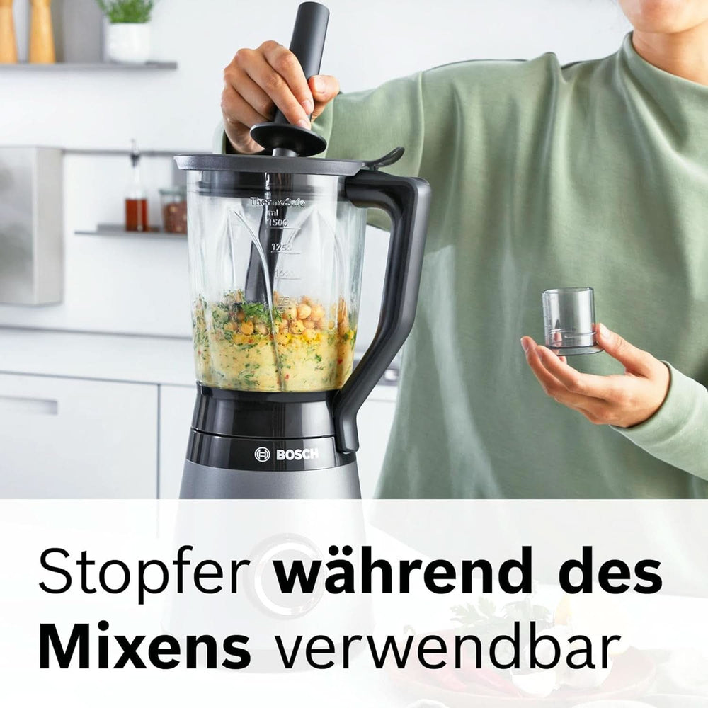 Bosch Standmixer Vitapower Serie 4 MMB6174SN, Verbesserte Version, Hochwertige Edelstahl-Klingen, 1,5L Glasbehälter, 0,6L To-Go-Flasche, Spülmaschinenfeste Teile, 30 000 U/Min, 1200 W, Silver Kitchen Naty Shop