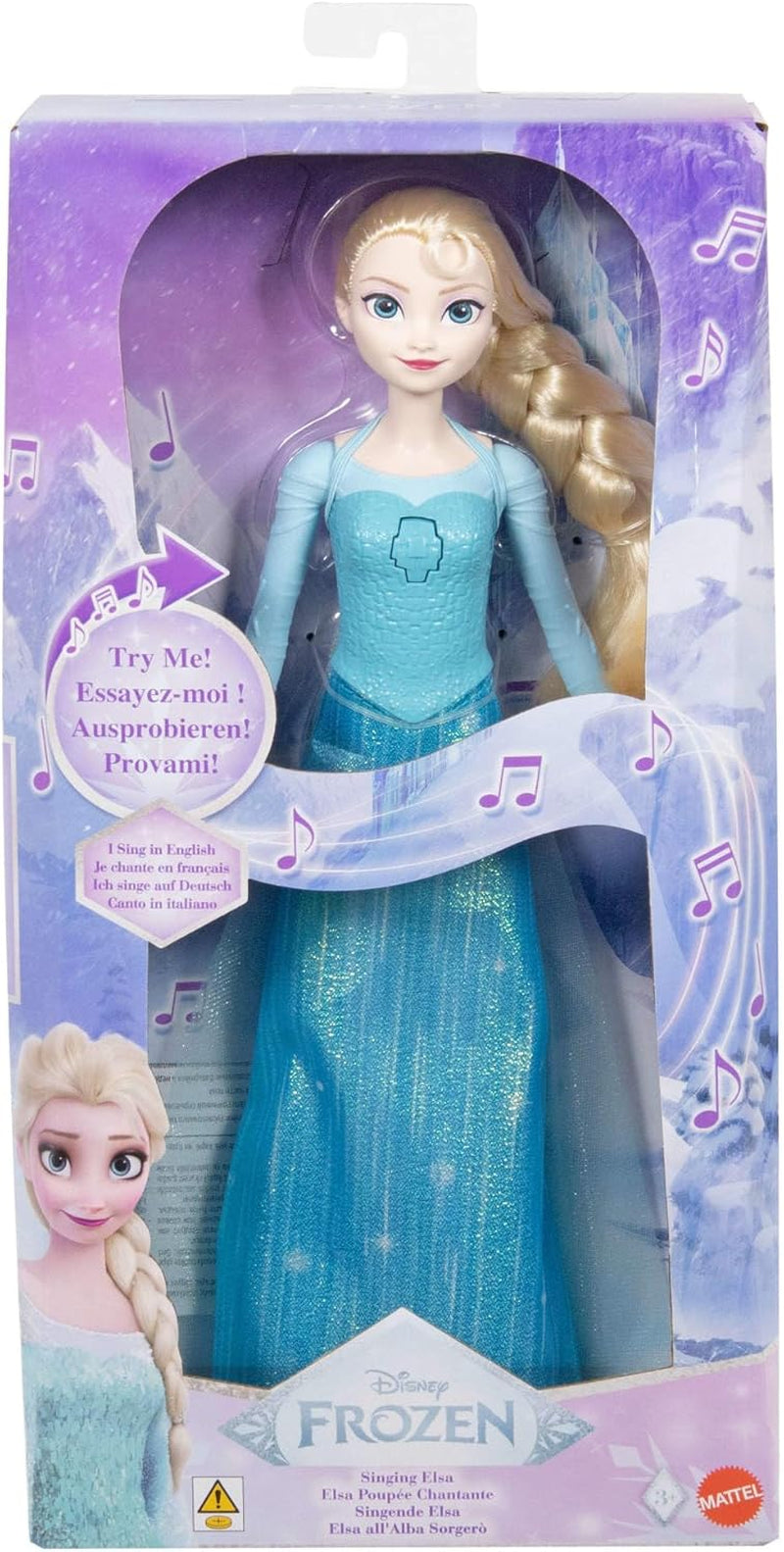 Jucării Mattel din Disney Frozen Păpușa Elsa cântătoare în ținută emblematică, cântă „Let It Go” din filmul Disney în engleză, franceză, germană, italiană, JDL58
