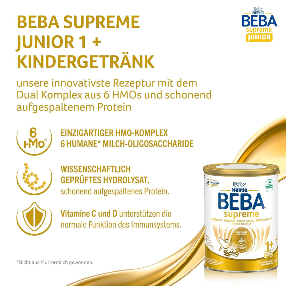 BEBA SUPREME JUNIOR 1 Plus - Nápoj pro děti od 1 roku, s komplexem 6 HMO, bez laktózy, bez palmového tuku, bez rybího tuku, výživa pro malé děti, sušené kojenecké mléko, balení 6 ks (6 x 800g)