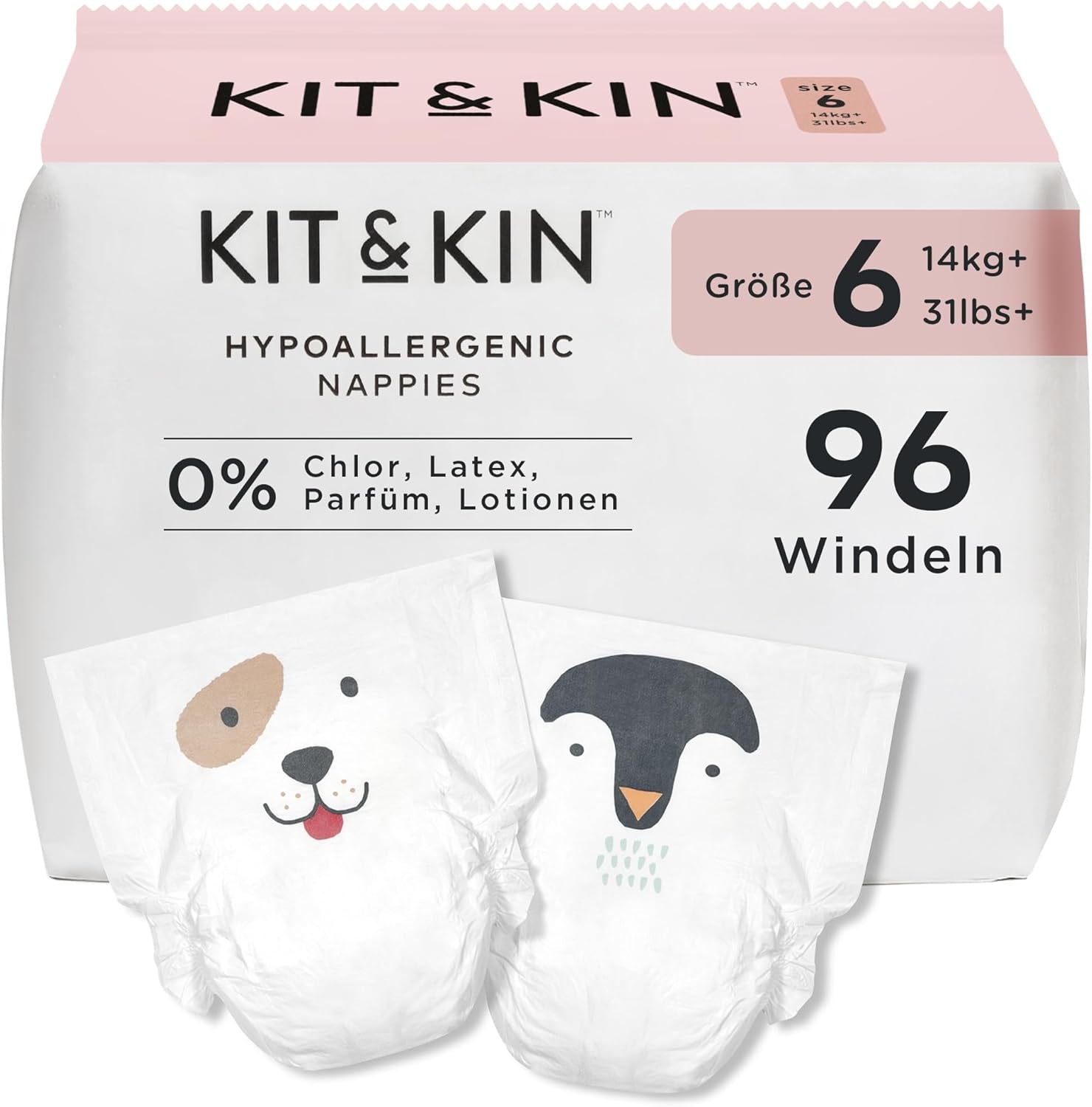 Plenky Kit & Kin Premium, velikost 4 (9–14 kg), počet 128, rostlinné a hypoalergenní, spolehlivá ochrana proti úniku, veganské a bez krutosti