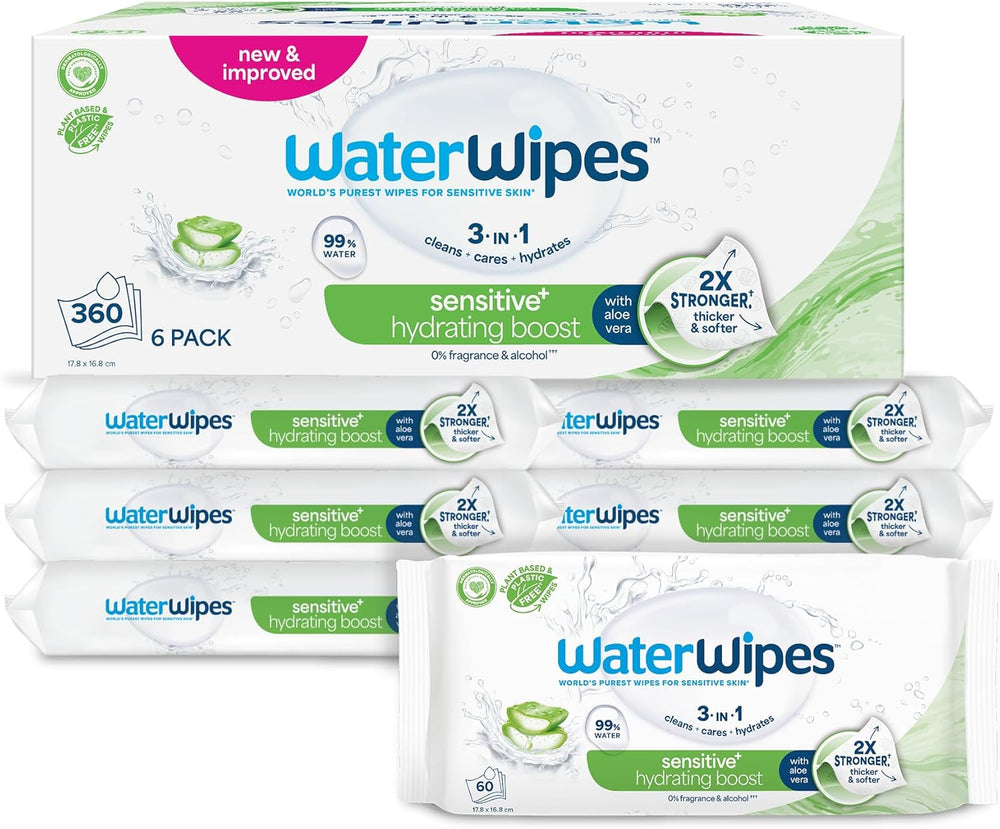 WaterWipes Sensitive+ Hydrating Boost vlhčené ubrousky, hydratační ubrousky, 360 kusů (6 balení), 3v1 čistí, pečují, hydratují, 99% voda z Aloe Vera, neparfémované dětské ubrousky