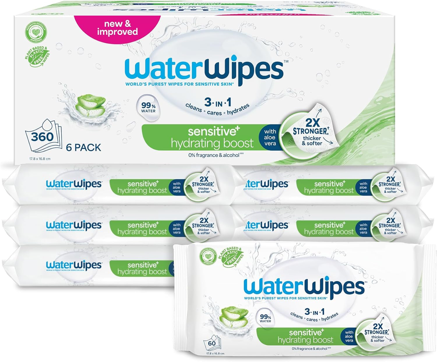 WaterWipes Sensitive+ Hydrating Boost vlhčené ubrousky, hydratační ubrousky, 360 kusů (6 balení), 3v1 čistí, pečují, hydratují, 99% voda z Aloe Vera, neparfémované dětské ubrousky