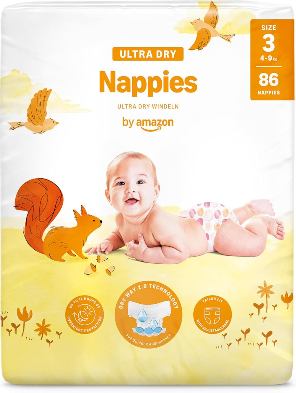 Ultra suché plenky Amazon, velikost 3 (4-9 kg) – měsíční krabička, bílá, počet 172 (2 balení po 86) (dříve Mama Bear, identický produkt)