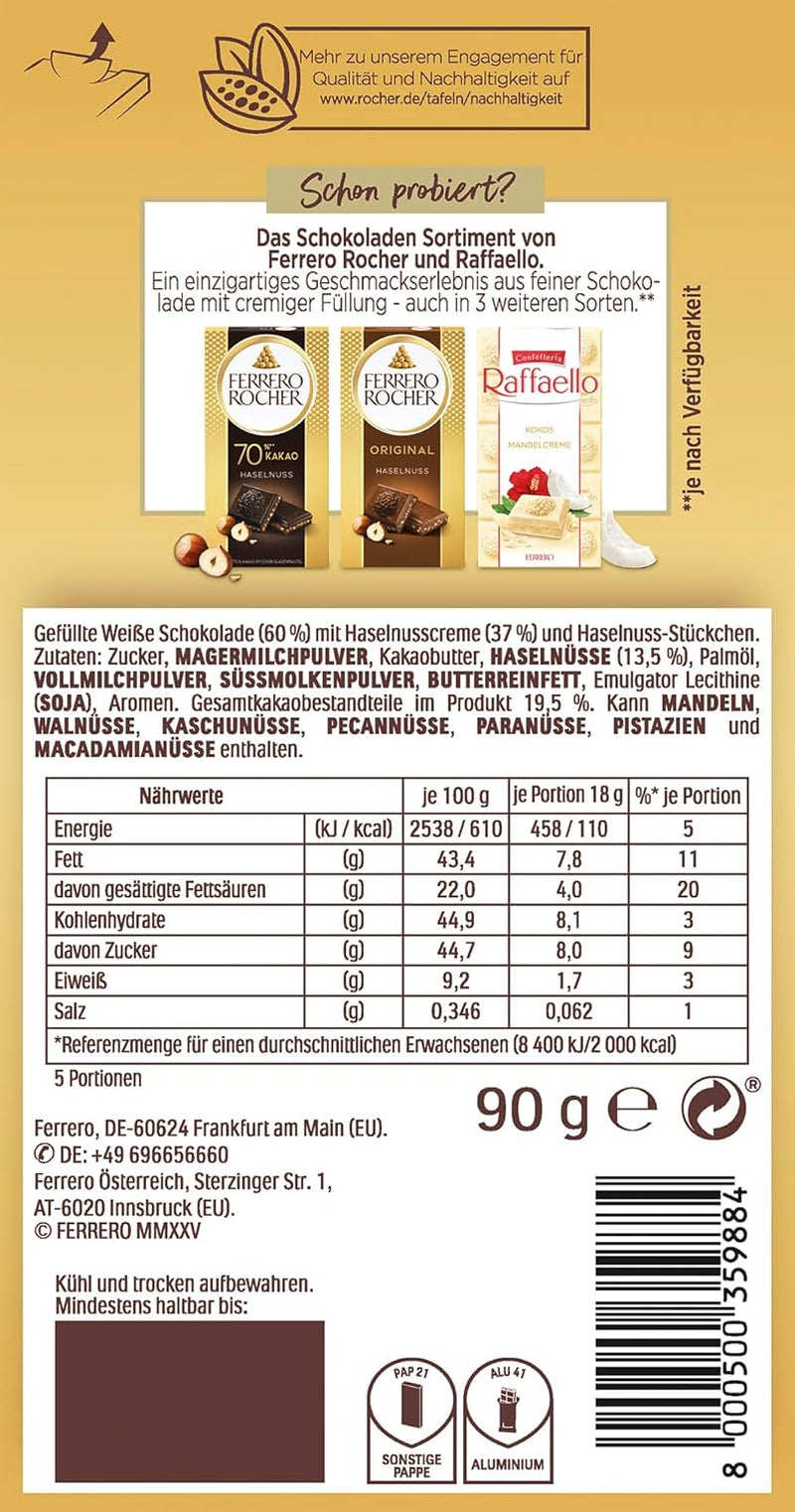 Ferrero Rocher Tyčinka - Bílá čokoláda s lískovými oříšky - Dárek k Valentýnu pro něj a pro ni - 1 čokoláda x 90g