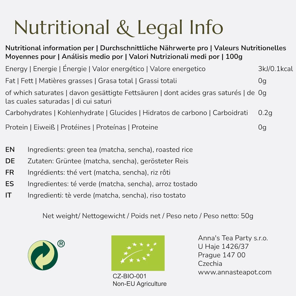 Ceai verde organic Genmaicha Anna'S Teapot - Ceai verde japonez în pliculețe cu orez brun prăjit și Matcha - 20 pliculețe piramidale în pungă resigilabilă