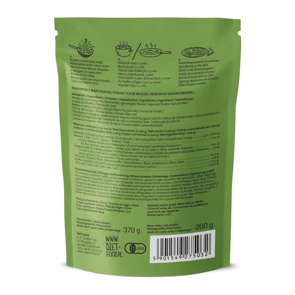 Dietní nudle Shirataki | Nízkosacharidové nudle Konjac | 200 gramů veganské nízkokalorické dietní nudle bez tuku bez sóji bez lepku ve vodě rozpustné