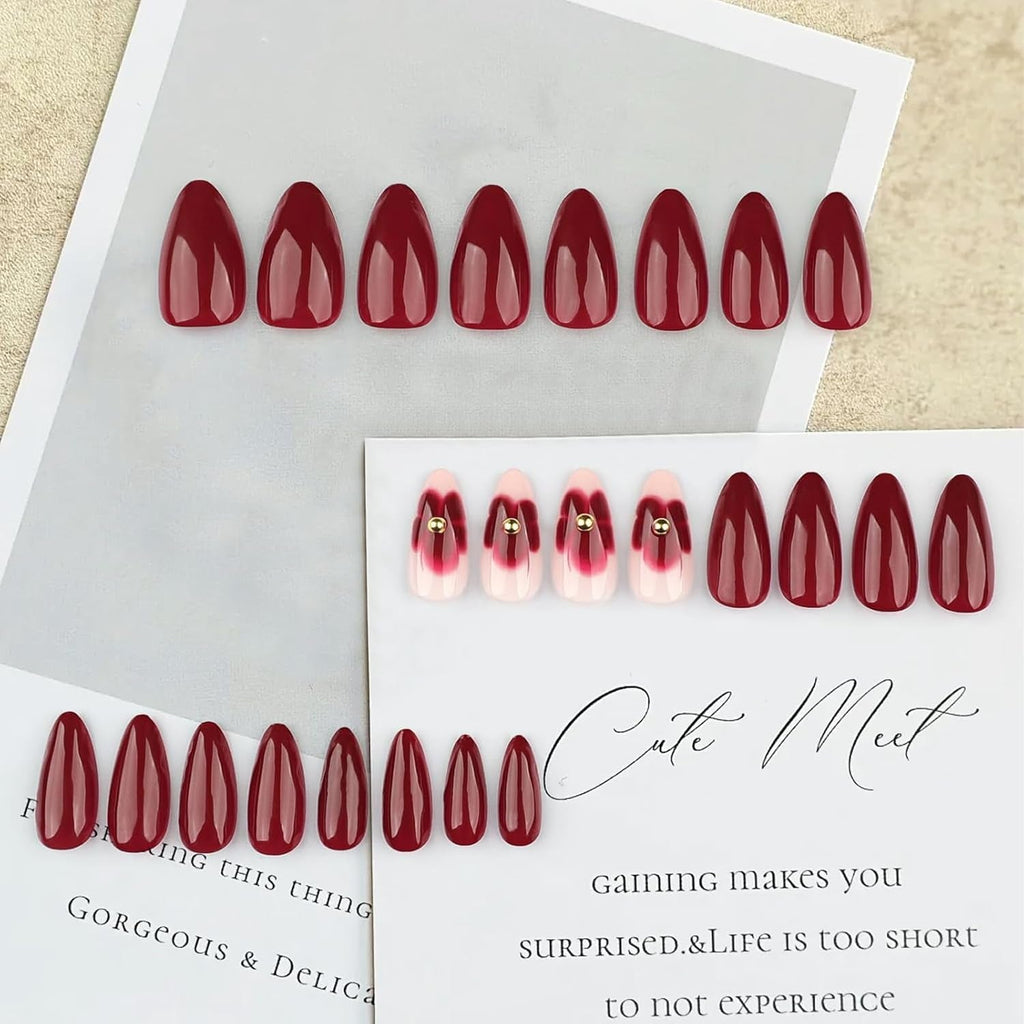 24 Flori Burgundy cu Armură de Diamant, Unghii Presabile, Unghii Artificiale pentru Lipire, Set Vârfuri de Unghii