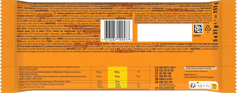 Arašídová čokoládová tyčinka v mléčné čokoládě, lahodná karamelová náplň, arašídy a křupavá oplatka, velké balení cukrovinek, 1 balení (5 x 31 g)