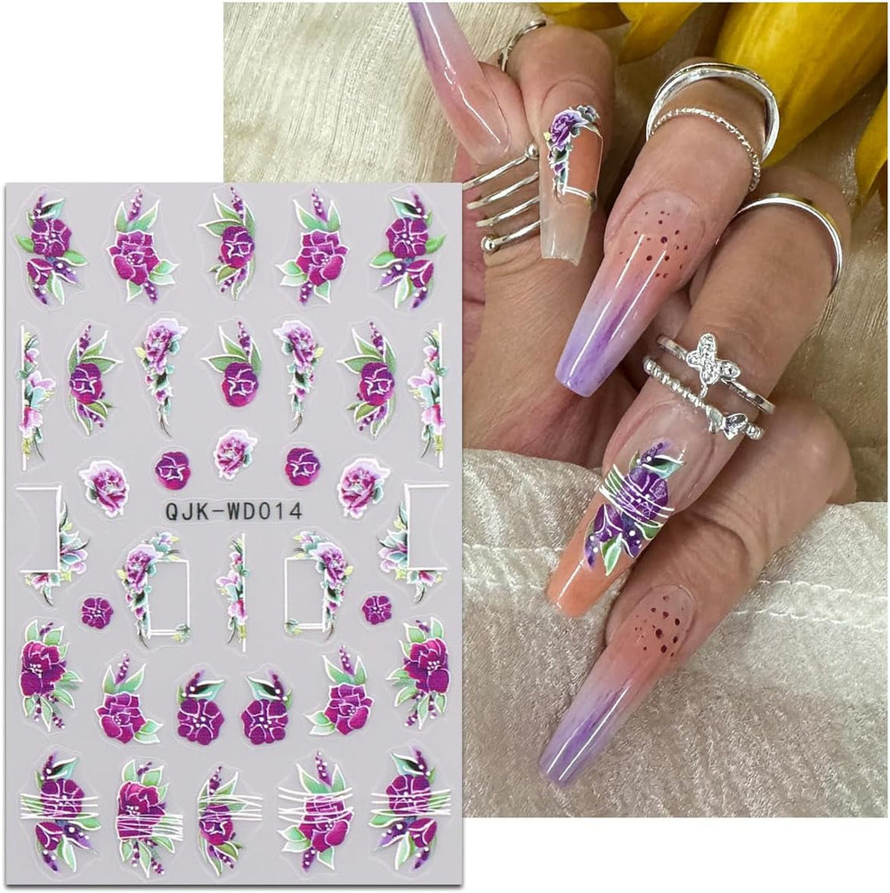 JMEOWIO Nagelsticker Blumen 6 Blatt Nail Art Sticker Selbstklebend Nagelaufkleber Sommer Blumen Dekoration Nageldesign Zubehör