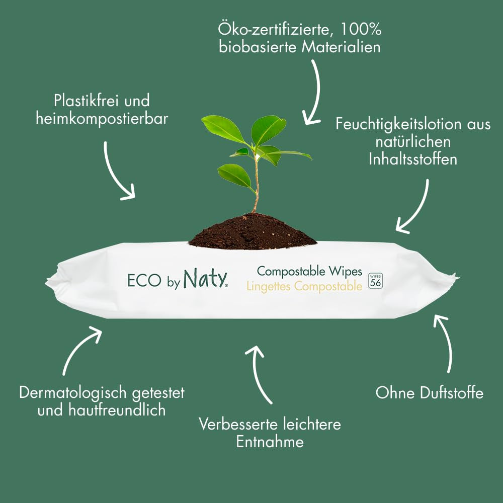 Naty dětské ubrousky | 100% bylinný a bez parfemace pro citlivou pokožku | Bezplastové a certifikované kompostovatelné ubrousky s 98% čištěnou vodou | 672 ubrousků (12 balení)