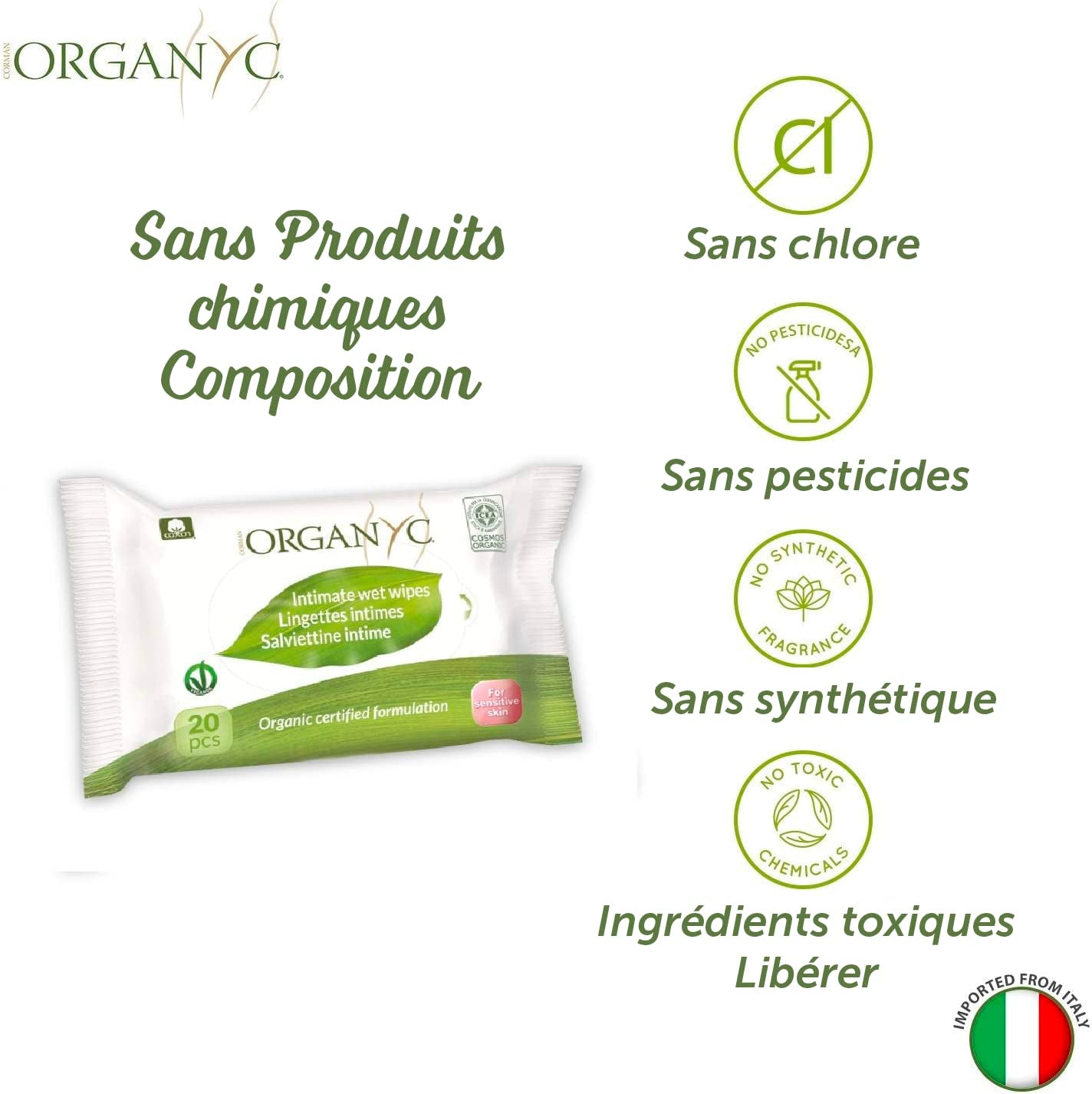 Organyc vlhké intimní ubrousky, vyrobené ze 100% certifikované organické bavlny – 4 balení po 20 ubrouscích (celkem 80 ubrousků)