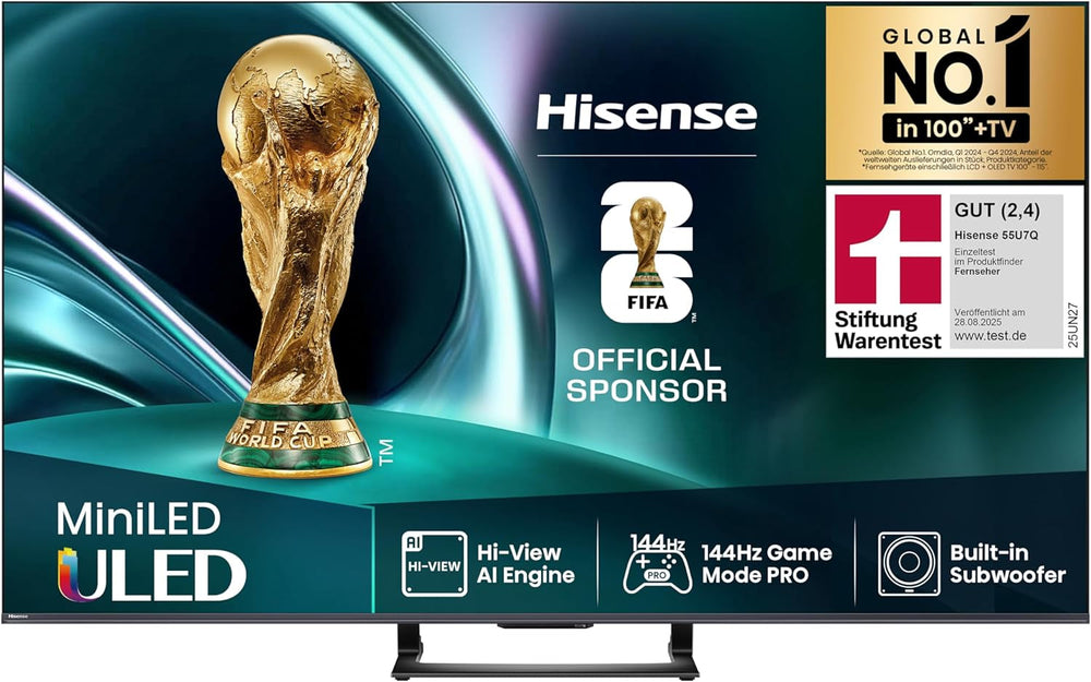 Televizor Hisense 50U7Q de 50 de inci, mini LED ULED 4K, Smart TV, motor Hi-View AI, mod de joc Pro la 144Hz, FreeSync Premium, subwoofer încorporat, Dolby Vision IQ Atmos, AirPlay, control vocal [2025]