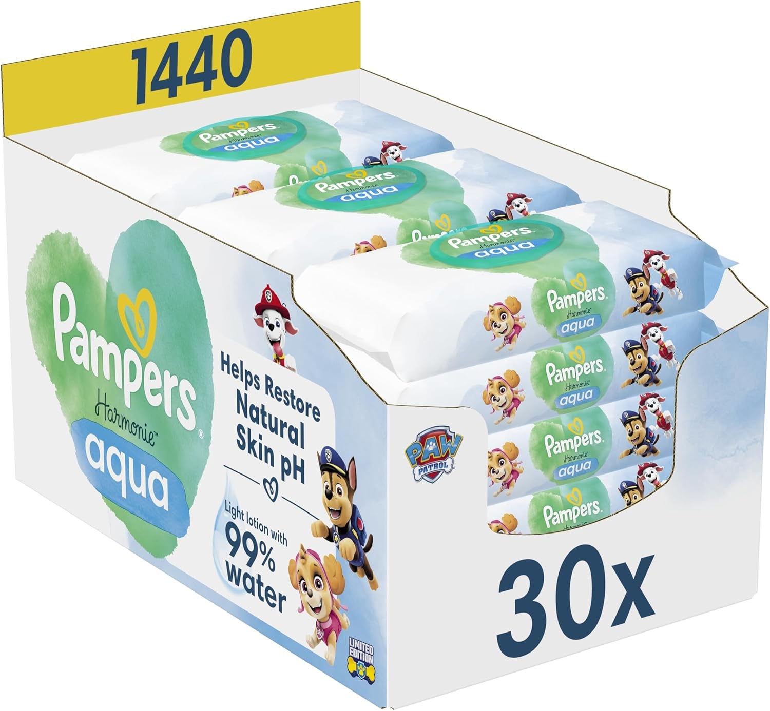 Pampers Harmony Aqua dětské ubrousky Paw Patrol 15 balení 48 ubrousků 720 dětských ubrousků pomáhá obnovit přirozenou rovnováhu pH pokožky lehké mléko 99 % vody