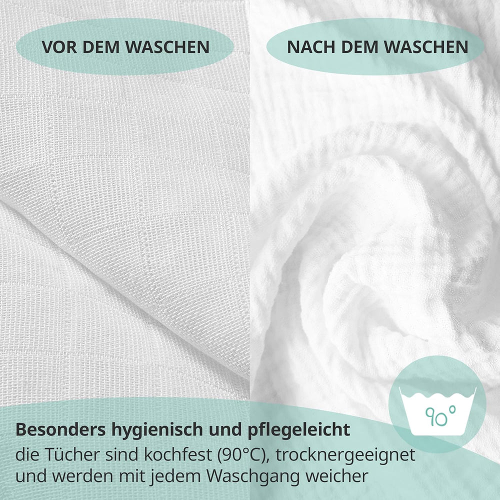 MAKIAN Mušelínové čtverce, Balení po 10 ks, 80x80 cm, Oeko-TEX® Standard 100 Certified, 10 Premium utěrky na odříhnutí – Dvojité tkané látkové čtverce / Mušelínové čtverce, odolné proti varu – bílé