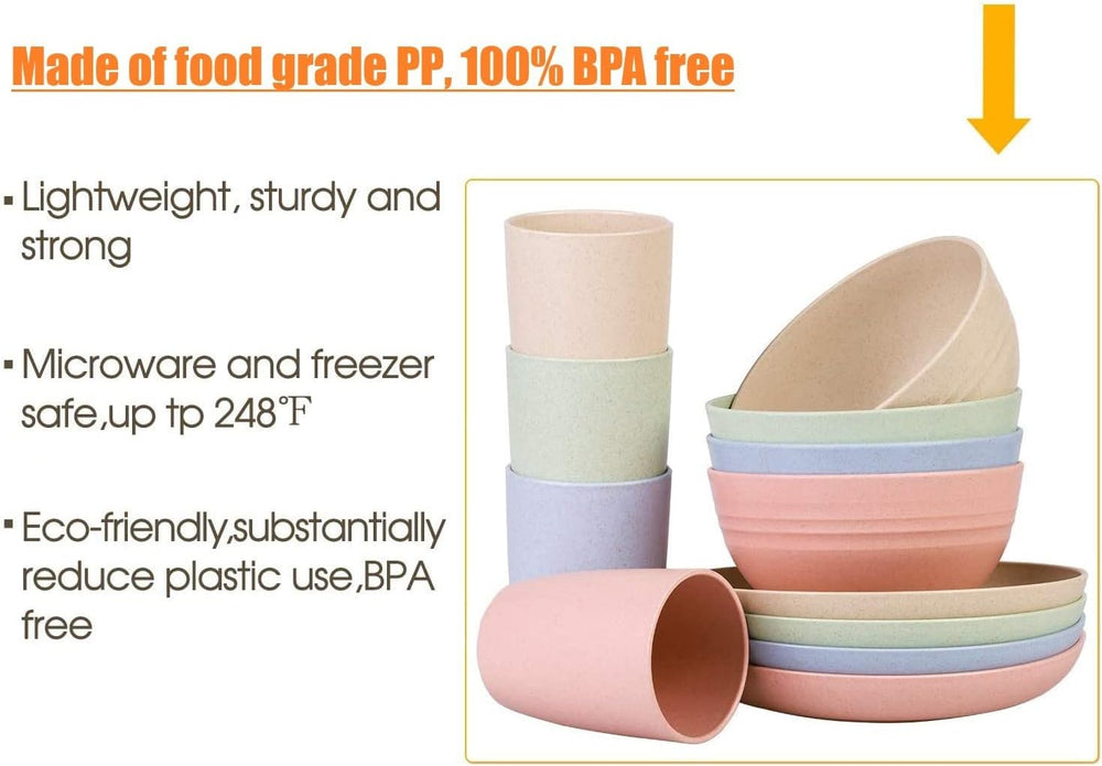 Set de tacâmuri din plastic pentru camping pentru 4 persoane, reutilizabile, indestructibile, farfurii, căni, boluri și tacâmuri ușoare, ecologice, reutilizabile, potrivite pentru cuptorul cu microunde și mașina de spălat vase